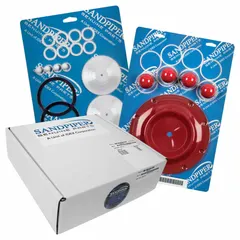 Fluid end repair kit for 3-inch SANDPIPER air-operated double-diaphragm pumps. Includes PTFE/Santoprene diaphragm and seals. Used to rebuild the fluid end in industrial applications handling chemicals, slurries, or abrasive fluids.