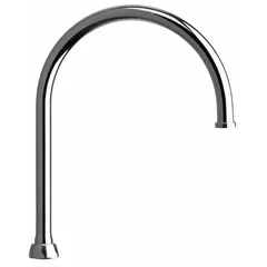 This gooseneck spout is made of brass with a polished chrome finish and includes mounting hardware. It features a swivel design and a flow rate of 1.5 gpm. Suitable for commercial faucets in kitchens, labs, or wash stations.