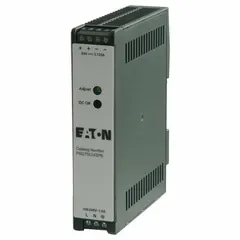 Single-phase DIN rail mount DC power supply with plastic housing. Delivers 75 W rated output power and 3.125 A output current. Converts 100-240 V AC input to stable 24 V DC for industrial control panels and automation systems.