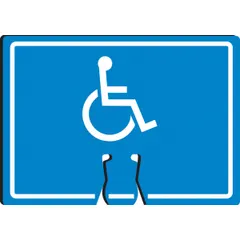 Blue plastic sign with 'Wheelchair' legend, 10 inches high by 14 inches wide. Designed for attachment to traffic cones to indicate accessible zones in parking lots, facilities, or event areas.