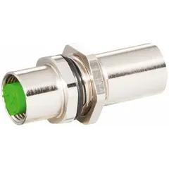 This M12 circular connector gender adapter features a D-coded socket body for 100 Mbps Cat 5e Industrial Ethernet and Profinet. It has a brass housing, screw mounting, straight orientation, and IP67 protection. Rated at 60V AC/60V DC. Suitable for connecting two M12 female cables or devices in industrial networking applications.