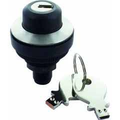 This panel-mounted key switch from the K-Switch series features a 2NO contact form and a 30 mm mounting size. The switch action is maintained/momentary with key removal in the center position. It is suitable for use in industrial control panels and access control applications requiring key-operated switching.