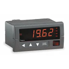 DC voltage input panel meter with 0-200 mV DC range, red LED display, and RS-485 interface. Accuracy ±0.1% of reading ±1 count. Features (2) SPDT relay contacts rated 5 A @ 120V AC, screw clamp terminals, and NEMA 4X enclosure. Suitable for industrial control panels and process monitoring applications.
