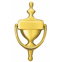 Brass door knocker for surface mounting on residential or commercial entryways. Provides a classic method for visitors to announce their presence. Manufacturer part number 611.3.