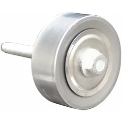 Steel flat idler pulley with flangeless flange for serpentine belt systems. Light-duty rating. Used to guide and tension the belt in automotive accessory drive systems, supporting components such as alternators and water pumps.