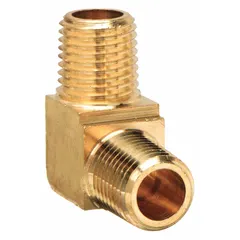 This 90° elbow is a threaded high-pressure pipe fitting for potable water systems. It features 1/8 in male NPT threads on both ends and is rated for a maximum operating pressure of 1,000 psi. Used to change direction in piping systems.