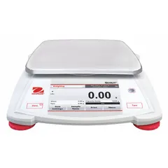 The OHAUS STX2202 is a precision lab balance with 2200 g capacity and 0.01 g readability. It features a VGA touchscreen display and supports weighing units: carat, custom, g, kg, lb, lb/oz, oz, and pwt. Suitable for laboratory weighing, formulation, parts counting, and checkweighing applications.