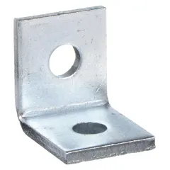 This steel corner connector is formed at a 90-degree angle with two 9/16-inch diameter holes for bolting. The electroplated silver finish provides corrosion resistance. It is used to join structural members at right angles in framing, shelving, and industrial racking.