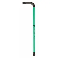 L-shaped hex key with ball end for off-axis driving of hex socket screws. SAE 1/4 in tip size, long length, alloy steel with black oxide finish. Handle length 7 1/4 in. Suitable for maintenance, assembly, and repair tasks requiring angled access in confined spaces.