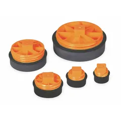 Inside-pipe blocking plug for 6-inch DWV pipe. Polyurethane plug with polypropylene plate. Used for sealing pipe during pressure testing.