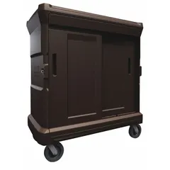 Non-pass-through insulated polyethylene meal delivery cart with two doors and two wheels. Holds 102 trays. Used for transporting and serving meals in institutional settings where temperature retention and secure delivery are required.
