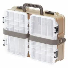 Plastic compartmented box with adjustable dividers, beige/brown color, featuring 9 compartments and a latch closure. Not electrostatic discharge conductive. Suitable for organizing and storing small parts such as hardware, fasteners, and components in workshops, warehouses, and industrial facilities.