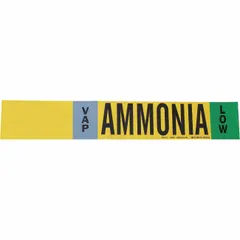 This ammonia adhesive pipe marker is designed for VAP-phase, low-pressure ammonia lines in industrial refrigeration systems. It fits pipe outer diameters from 2-1/2 to 7-7/8 inches and comes without directional arrows, suitable for straight pipe runs. Each unit includes one marker.