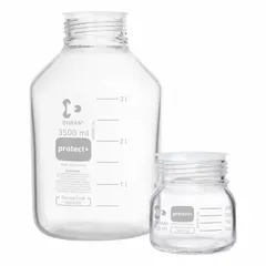 These DURAN safety coated wide mouth round glass lab bottles have a 2 L capacity and an 80 mm screw closure. The colorless glass body is graduated for easy volume measurement. Sold in a pack of 6, these bottles are suitable for storing, mixing, and transporting liquids in laboratory settings.