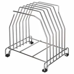 This stainless steel cutting board rack stores cutting boards vertically, saving counter space and promoting air drying. It has an overall length of 10 3/4 inches and a silver finish. Suitable for commercial kitchen environments where corrosion resistance is needed.