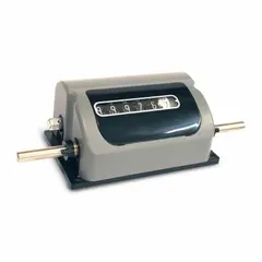 This base-mounted mechanical counter features a black plastic body with white numerals and a Top Coming (TC) operation. The reset is positioned on the left-hand side. It is used for counting revolutions or cycles in industrial machinery, packaging lines, and production equipment.