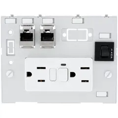 Panel interface insert with (2) NEMA 5-15 GFCI sockets, (2) RJ45 8-pole metal CAT5e female-to-female data ports, and a 3A fuse reset. Designed for 116 mm x 88 mm cutouts in control cabinets and workstations. Provides power and network connectivity in a single unit.