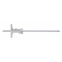 Metric vernier depth gauge with 0-300 mm measurement range, constructed from hardened stainless steel. Features a flat base, 100 mm beam length, and full vernier scale with 0.02 mm graduation, offering +/-0.04 mm accuracy. Used for precision depth measurement of slots, holes, and recesses in machining and quality inspection