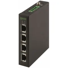 Unmanaged DIN Rail-mount Ethernet switch with four RJ45 ports supporting 100 Mbps network interfaces. Features Auto-Crossover for automatic cable detection. Rated IP50 for protection against dust. Accepts a maximum input voltage of 48V DC. Suitable for connecting devices such as PLCs, HMIs, and sensors in control cabinets within industrial networks.