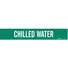 Green adhesive pipe marker with white legend reading 'Chilled Water'. Fits pipe outer diameters from 2-1/2 to 7-7/8 inches. Supplied without arrows. Used for identifying chilled water piping in HVAC, process cooling, and refrigeration systems.