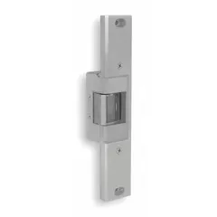 Cylindrical electric strike with chrome finish, 9 in height, and 1 3/4 in width. Operates on 24V AC/DC input voltage. Rated Performance Duty 1 - Heavy Duty. Used in access control systems to release a door latch when voltage is applied, integrating with card readers, keypads, or intercoms for controlled entry.