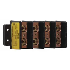 Open power distribution block with lugs for splitting a single incoming power source into multiple branch circuits. Copper construction, surface mount, line side accepts 6 AWG to 250 kcmil wire. Suitable for industrial control panels and electrical distribution systems.