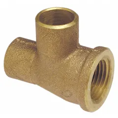 Cast bronze tee with Cup x FNPT x Cup configuration. Connects 3/4 in CTS copper tubing on the run ends and 1/2 in female NPT pipe thread on the branch. Used in plumbing and HVAC systems for distributing or redirecting flow in copper tube lines.