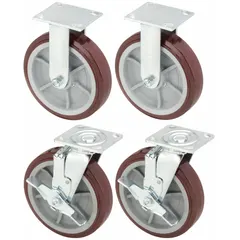 Rigid caster with 8 in diameter, 2 in wide polyurethane wheel in red. Roller bearing and side brake for secure positioning. Hole mounting type. Suitable for industrial carts, racks, and equipment requiring straight-line movement.