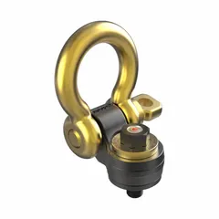 Force-indicating die-flipping pivot and rotate hoist ring with M24-3.00 thread and 6,500 lb maximum capacity. Includes an indicator for load monitoring. Designed for die-flipping and side-pulling applications in material handling tasks such as lifting, flipping, and positioning heavy dies and molds.