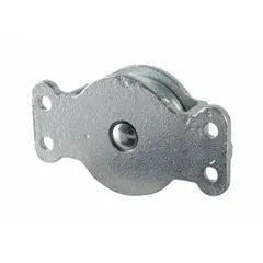 This side-mount pulley block is designed for lifting and pulling applications using wire rope. It features a steel construction and a bolt-on mounting configuration for secure attachment to structures. Used in industrial rigging and material handling to redirect or change the direction of a load line.