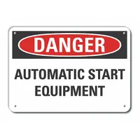 Aluminum danger sign warning of automatic start equipment. 0.04 in thick with mounting holes for secure attachment. Not retroreflective and does not glow in the dark. Suitable for use near machinery, conveyors, or automated systems to indicate potential automatic startup hazards