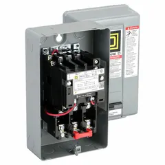 NEMA Size 0, 18 A, three-phase, 3-pole enclosed non-reversing starter with a 110/120V AC coil. Features screw clamp terminals and requires three melting alloy thermal units (not included). Suitable for starting and protecting motors in applications such as conveyors, pumps, and compressors.