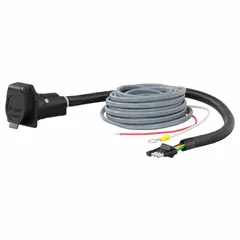 This wiring kit connects a vehicle's brake controller to a trailer's electrical system. It features a 7-Way Blade connector and a 4-Way Flat configuration in a plastic housing. Overall length is 27 5/8 inches with a height of 3 1/8 inches. Suitable for towing applications requiring brake signal transmission.