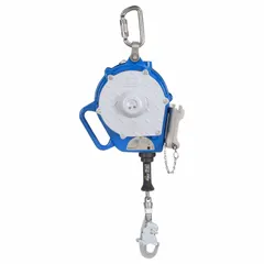 Class 1 SRL with 50 ft stainless steel lifeline, carabiner anchorage end, and harness swivel snap hook. Sealed housing for corrosion resistance. For overhead-only anchoring in fall arrest and rescue applications.