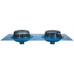 Primary roof drain with deck plate for rainwater removal on flat or low-slope roofs. Cast iron body with plastic dome, 4 in no-hub connection, includes clamping collars. Overall height 9 3/4 in.