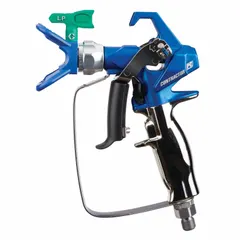 This airless spray gun kit from GRACO is constructed with stainless steel and features a 1/4 in NPSM air inlet. It includes a RAC X LP 517 SwitchTip and BlueMax II, supporting tip sizes from 10 in to 10 in. Designed for applying coatings, lacquers, paints, and stains in industrial finishing and maintenance painting applications.
