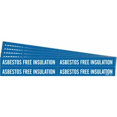 Blue adhesive pipe marker with white legend text reading 'Asbestos Free Insulation' without arrows. Designed for pipes with outside diameter from 3/4 to 2-3/8 inches. Supplied in a 5-pack for identifying insulation systems in industrial piping.