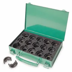 This replacement crimping die set is designed for use with the EK628L tool. It accommodates copper connectors from 8 AWG to 600 kcmil across 15 sizes. The dies are purple in color and intended for copper applications in electrical utility, construction, and industrial maintenance.