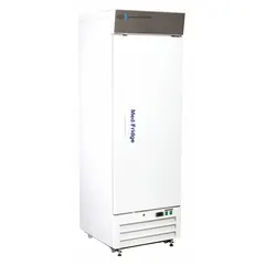 Upright pharmacy refrigerator with 16 cu ft capacity, white finish, and solid swing door opening to the right. Maintains 2°C to 7°C temperature range, includes temperature alarm, and uses R-290 refrigerant. Suitable for storage of vaccines and temperature-sensitive medications in clinical or pharmacy environments.