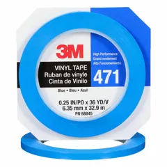 Solid blue vinyl tape for aisle marking and visual safety cues in industrial facilities. 1/4 in wide, 108 ft long, 5.2 mil thickness. No message legend. Supplied in a 144-pack.
