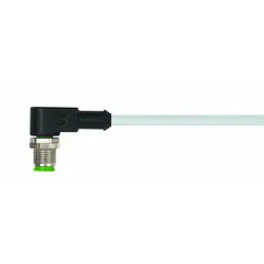 Single-ended cordset with an M12 male right-angle connector on one end and bare wire on the other. Features 5 pins, 22 AWG wire, 5 m cable length, gray PVC jacket, and IP67 rating. Rated for 4 A maximum current. Suitable for connecting sensors or actuators in industrial automation, packaging, and material handling applications where flexing and space constraints are present.