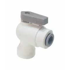 This one-piece angle-body ball valve features a polypropylene body and lever handle. It is designed for on/off flow control in industrial piping systems handling corrosive fluids. Connections are Push x FNPT.