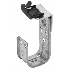 Galvanized steel beam mount J-hook with hammer-on locking latch for secure attachment to beams. Supports cable bundles up to 2 inches in diameter. Features 360° horizontal rotation for flexible cable routing in industrial and commercial installations.