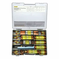 This fuse kit contains LPN-RK series RK1 fuses in a 10 A to 100 A range. It includes an FP-2 Fuse Puller and Lineman Pliers. Used for overcurrent protection in industrial electrical panels, motor control centers, and distribution equipment.