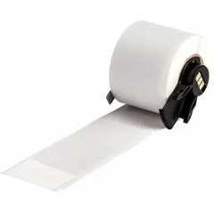 Precut wraparound label measuring 4 in x 1 1/2 in, made of white matte self-extinguishing vinyl. Designed for use with the M611 printer series and M61-R4310 ribbon. Suitable for marking pipes, cables, and cylindrical surfaces in industrial environments where flame resistance is required.