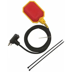 General-purpose tether float switch with normally open (pump down) operation. Rated for 230V AC and 13 A. Includes a 10 ft cord, piggyback plug, and external counterweight. Used for level control in sump pits, basins, and tanks.