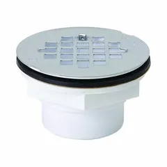 Pan & Tile-In Shower Drain, Plastic, 2 in Overall Dia, 2-1/2 in Overall Ht, Stainless Steel Grate, Solvent Weld, Silver