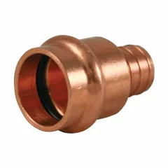 This NIBCO Press System adapter fitting is a straight configuration with a 1-inch CTS press-fit connection on one end and a 1-inch barbed connection on the other. Made of copper, it is used to transition between copper tubing and barbed pipe in plumbing systems for potable water and hydronic heating applications.