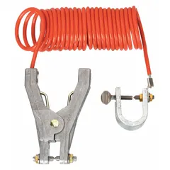 Terminated bonding and grounding wire with a 10 ft length, galvanized steel conductor, and PVC orange jacket. Connector types include a C-Clamp and a Hand Clamp with a 3/4 in opening span. Used for bonding and grounding applications to safely dissipate static electricity or fault currents.