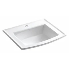 Vitreous china countertop bathroom sink in white with a single-hole design. Measures 22-5/8 inches in overall length and 19-1/2 inches in overall width. Supplied without faucet, suitable for residential or commercial washroom installations where a separate faucet is selected.